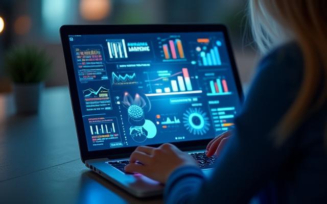 Digitales Marketing: Eine Person arbeitet an einem Laptop mit verschiedenen Marketing-Diagrammen und Social-Media-Logos auf dem Bildschirm.